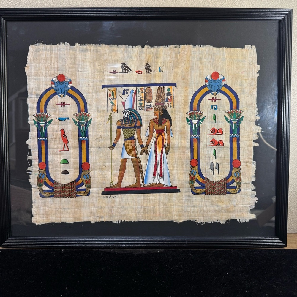 Egyptian Papyrus Art with Anubis and Horus 22x17” approx